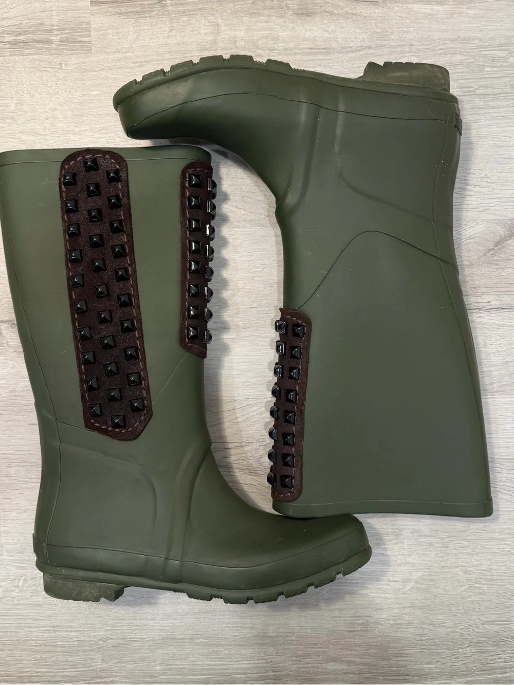 BCBGMaxAzria Dark Olive Green Studded Tall Rain Boots Size 9